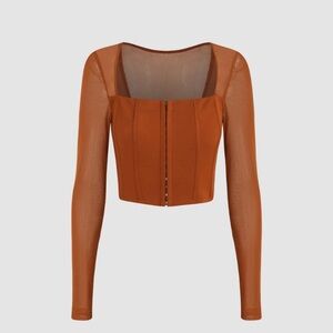 SOLID SQUARE NECK LONG SLEEVE CORSET CROP TOP CIDER